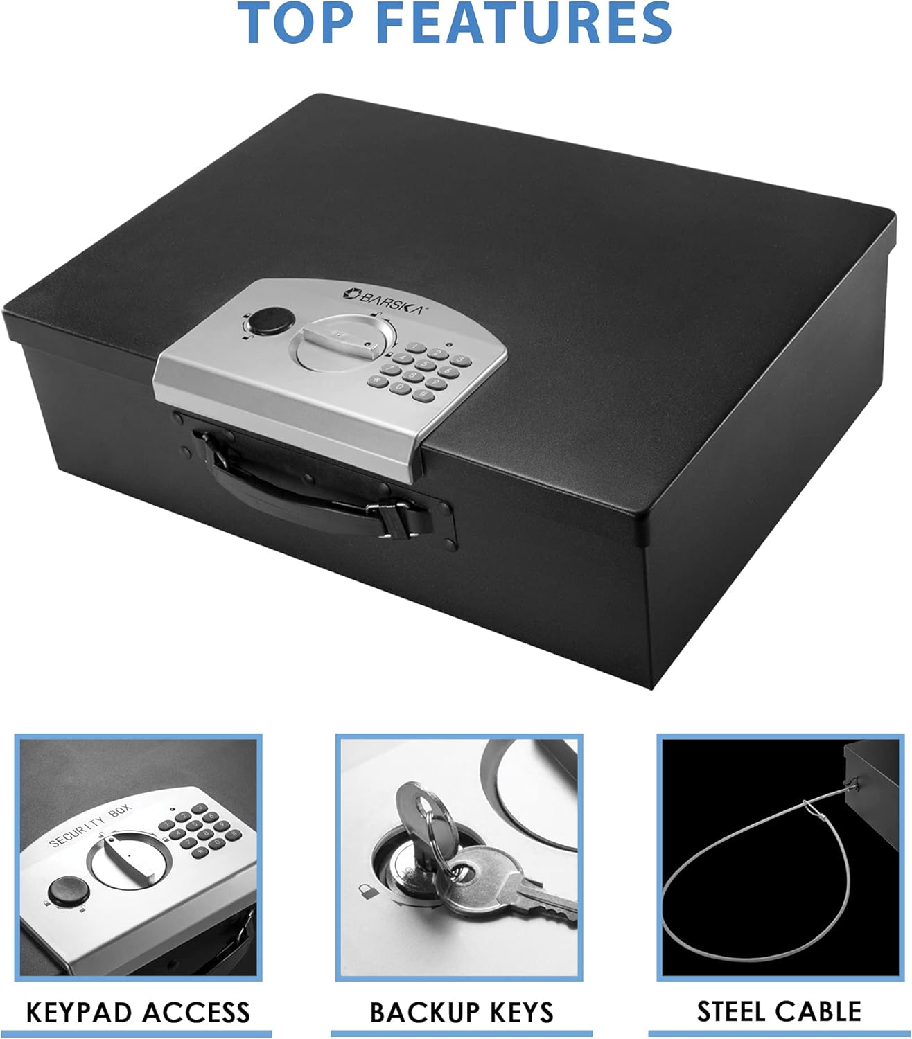Barska Portable Digital Keypad Lock Box – Secure Travel Safe for Valuables, Steel Construction, Removable Tethering Cable, Backup Keys & Batteries Included