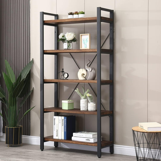 5 Tier Bookcase, Solid Wood Bookshelf Rustic Vintage Industrial Etagere Bookcase, Metal and Wood Free Vintage Bookshelf, Retro Brown (Real Wood) (5-Tiers)