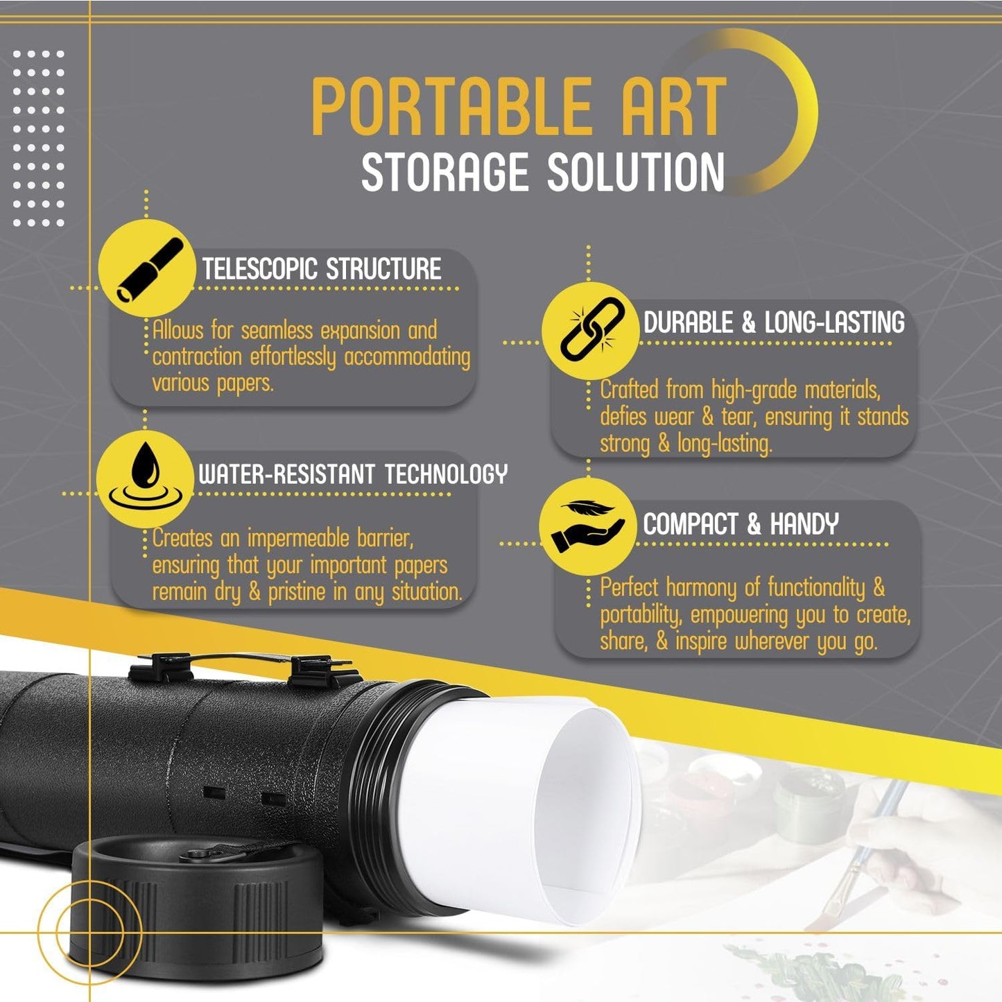 Flexzion Poster, Art, Document Tube with Strap, Expandable Waterproof Plastic Container, Telescoping Cylindrical Storage Case, Portable Paper Holder for Draft Sketch Blueprint, 4.7 IDx31.7-51.2 Inch
