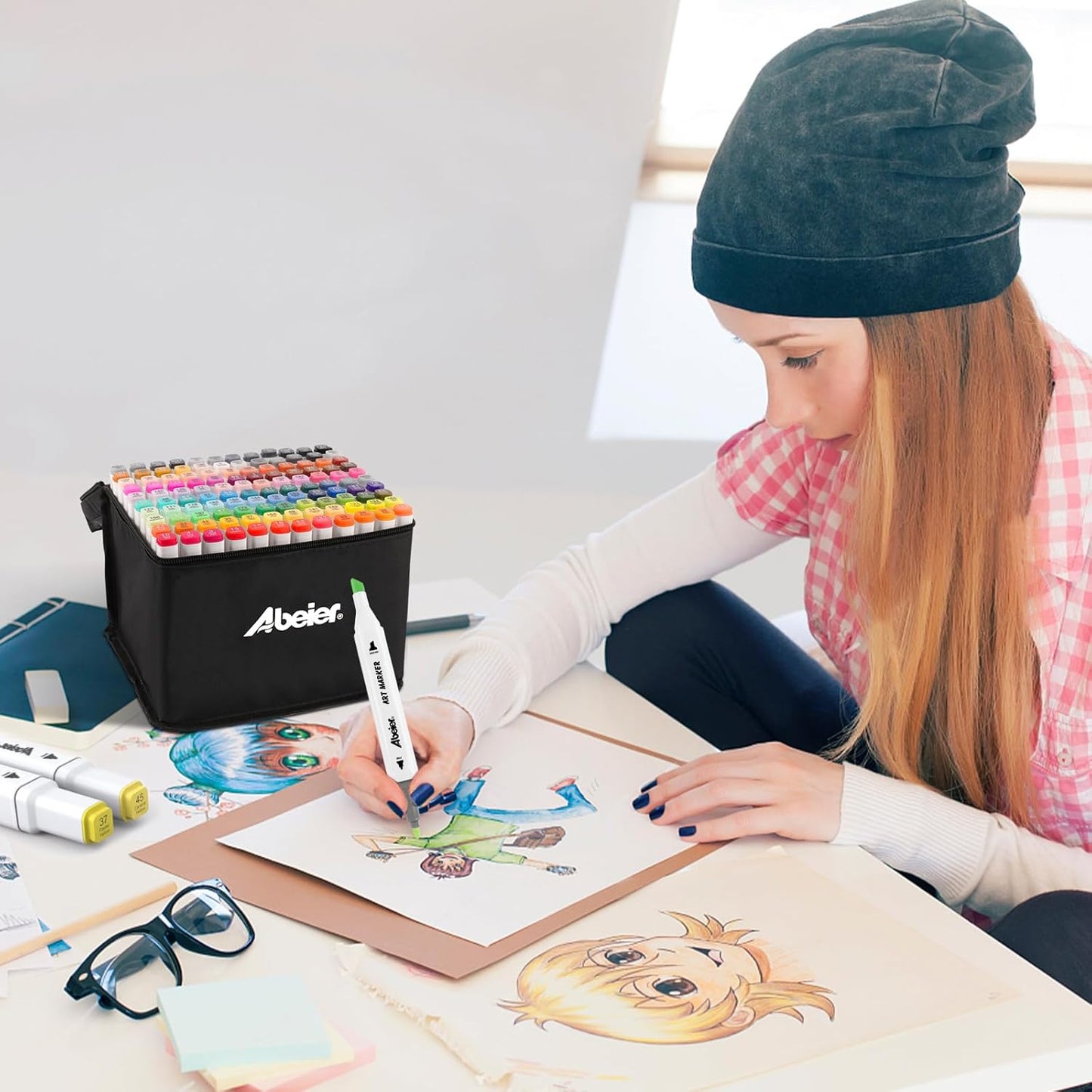 ABEIER Alcohol Markers, 60 Colors Dual Tip (Fine & Chisel) Art, Coloring Markers for Adults Kid, Ideal for Book Drawing Sketching Painting, Card Making, Includes 1 Colorless Blender