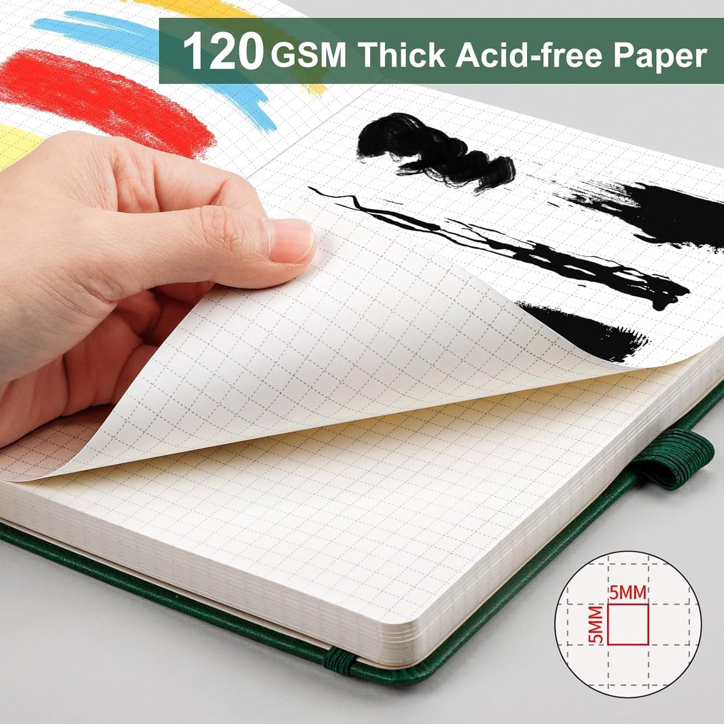 AHGXG Graph Paper Notebook - Grid Notebook Journal A5, 120 GSM Thick Graph Paper, 160 Pages, Leather Hardcover, for Graphing, Writing, Math, Engineering, 5.75'' × 8.38''- Green