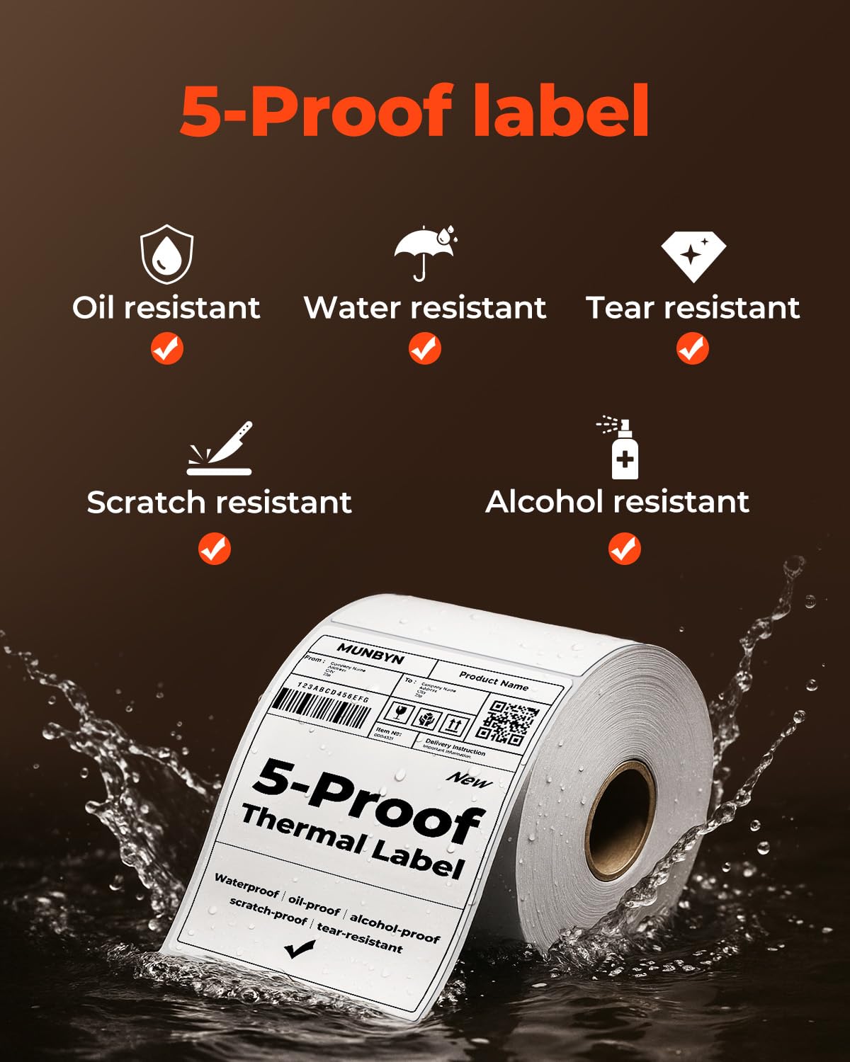 MUNBYN 4"x6" Direct Thermal Shipping Labels, Durable Waterproof, Oil-Proof, Scratch-Proof, Alcohol-Resistant, Tear-Resistant Label Paper for Thermal Printers, Packages, and Logistics, 380 Sheets/Roll