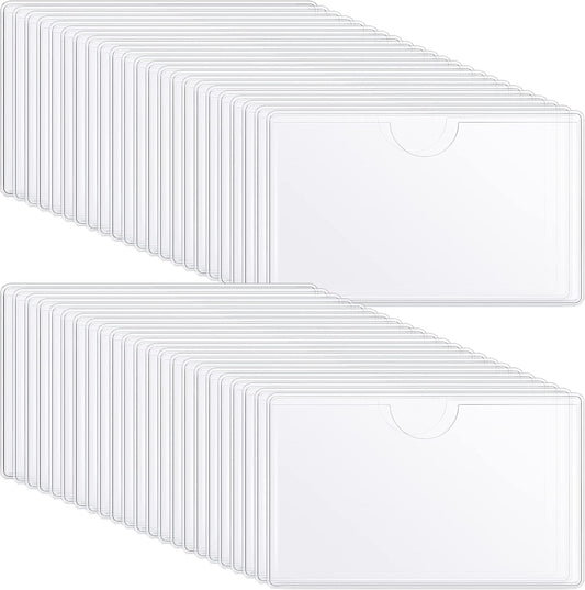 100 Self-adhesive Index Card Pockets Label Pockets sleeves with Top Open for Business Cards, Clear Plastic Sticky Labels Holders for Storage Bins Library Cards, Organizing Totes Shelves(7.3 x 5.67'')