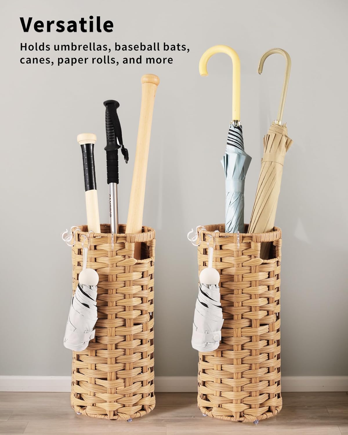 Rattan Umbrella Stand, Umbrella Holder for Entryway, Hand Woven Umbrella Rack Organizer Freestanding, with a Detachable Drip Tray, 4 Hooks, 7.5" L x 7.5" W x 16.5" H