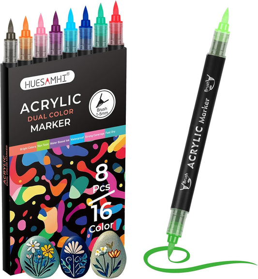 Permanent Acrylic Paint Markers, Brush Tip Art Markers for Kids - Coloring, Painting Rocks & Crafts Supplies, 16color 8pcs
