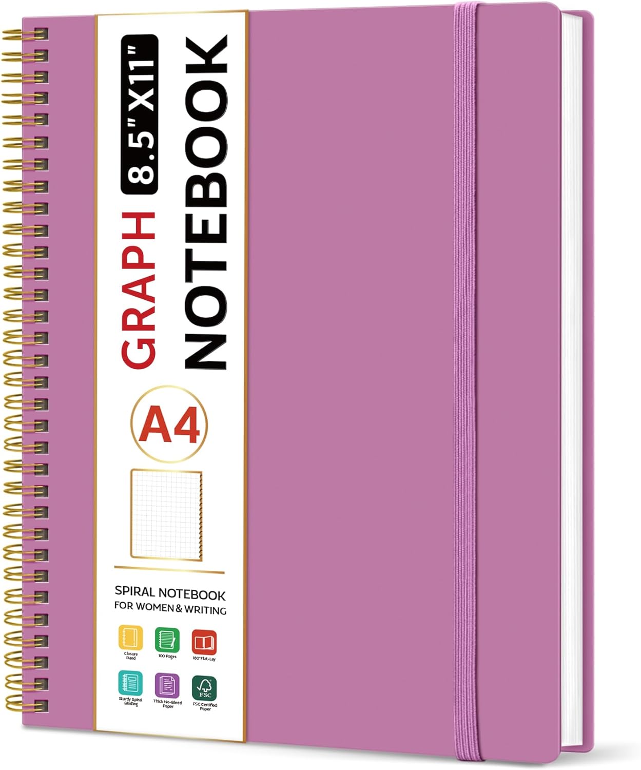 Taja Spiral Graph Notebook, 8.5"x11" Notebooks for Work, Large A4 Journal for Women & Men, Grid Notebook, Journaling Notebook for Writing, Plastic Cover Spiral Journal, Purple