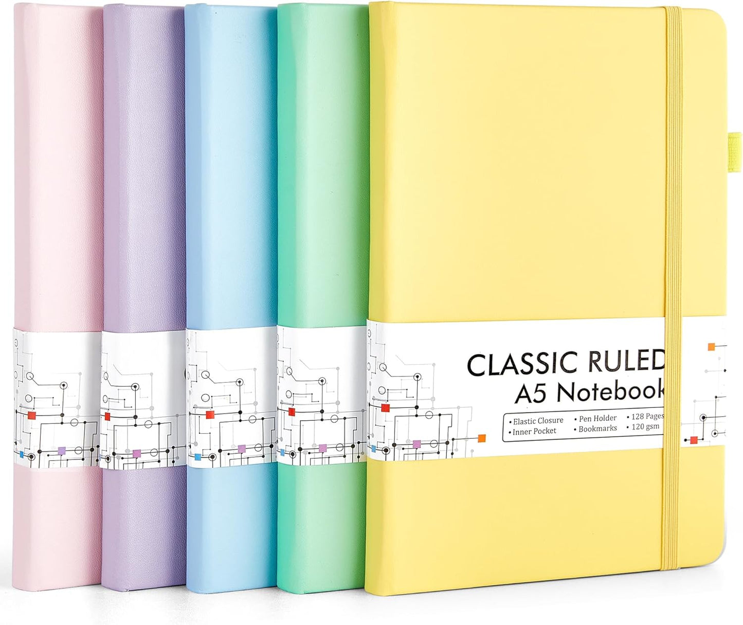 feela 5 Pack Notebooks Journals Bulk, Hardcover Classic Ruled Lined Journals with Pen Holder for Women Girls School Business Supplies, with 5 Black Pens, 120 GSM, 5.1”x8.3”, A5, Pastel Colors