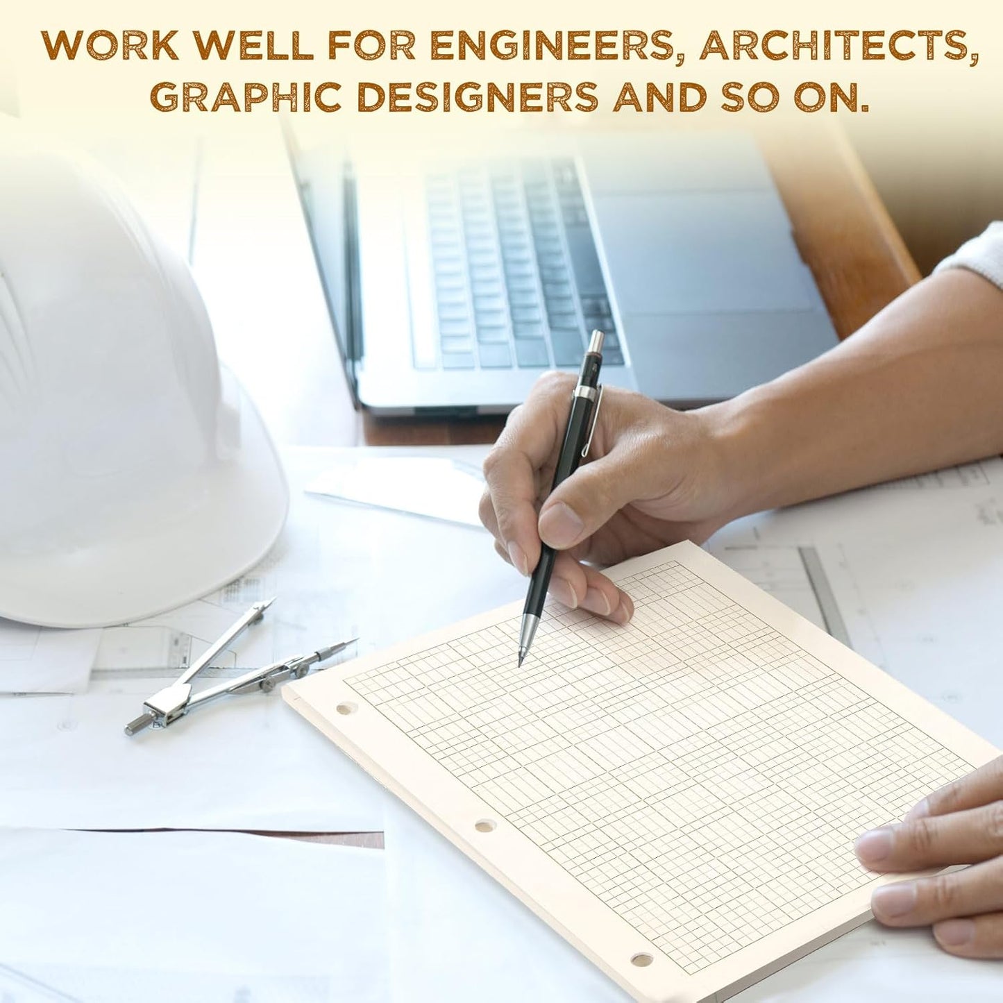 Zhanmai 5 Pack Engineering Computation Pad 5 Squares Per Inch 8.5" x 11" Engineering Graph Paper Notepad 100 Sheets Per Pad, 3 Hole Punched(Beige, Brown)