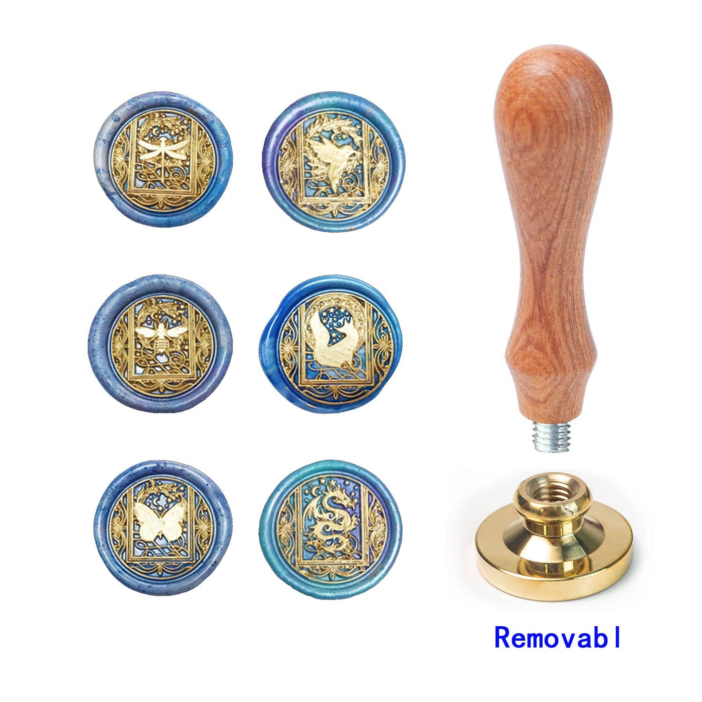 Animal Wax Seal Stamp Set with 6 PCS Removable Brass Heads and 1 Wooden Handle - Retro Starry Butterfly Dragonfly Bee Dragon Sealing Wax Stamp for Cards Invitations