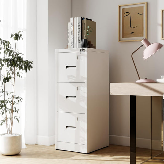 3-Drawer Locking Vertical File Cabinet, Metal Storage Cabinet for Office/Home – Secure Vertical Filing for Letter/Legal/A4/F4 Documents, Easy to Assemble Steel Cabinet (White, 3 Drawer-15W)