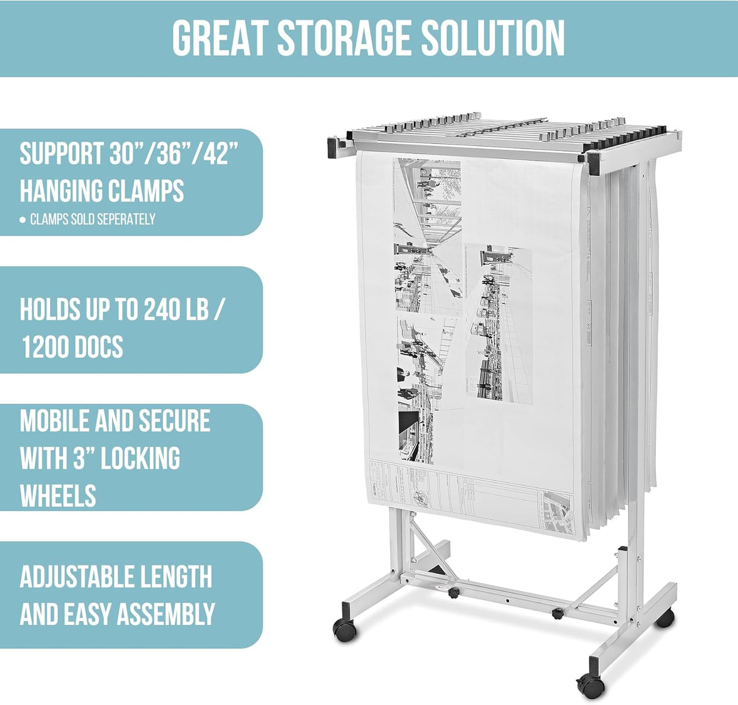 Adir Mobile Blueprint Storage Rack - Adjustable Mobile Blueprint Holder, Vertical Architect Drawing Rack with Wheels, Poster Display, Construction Plans Holder (Without Blueprint Clamps)
