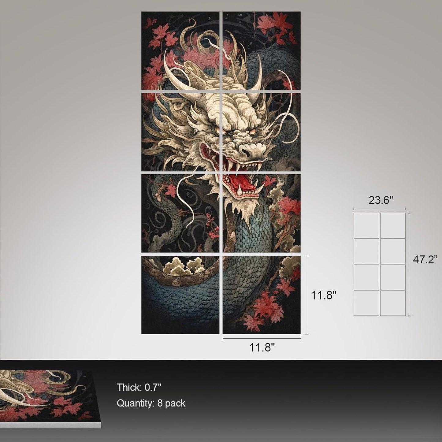 UMIACOUSTICS 8 Pcs 0.7Inch Thick Art Acoustic Panels, Total 47.2” x 23.6” Decorative Sound Absorbing Wall Panels for Home, Office, Hotel, Dragon-pattern-Painting