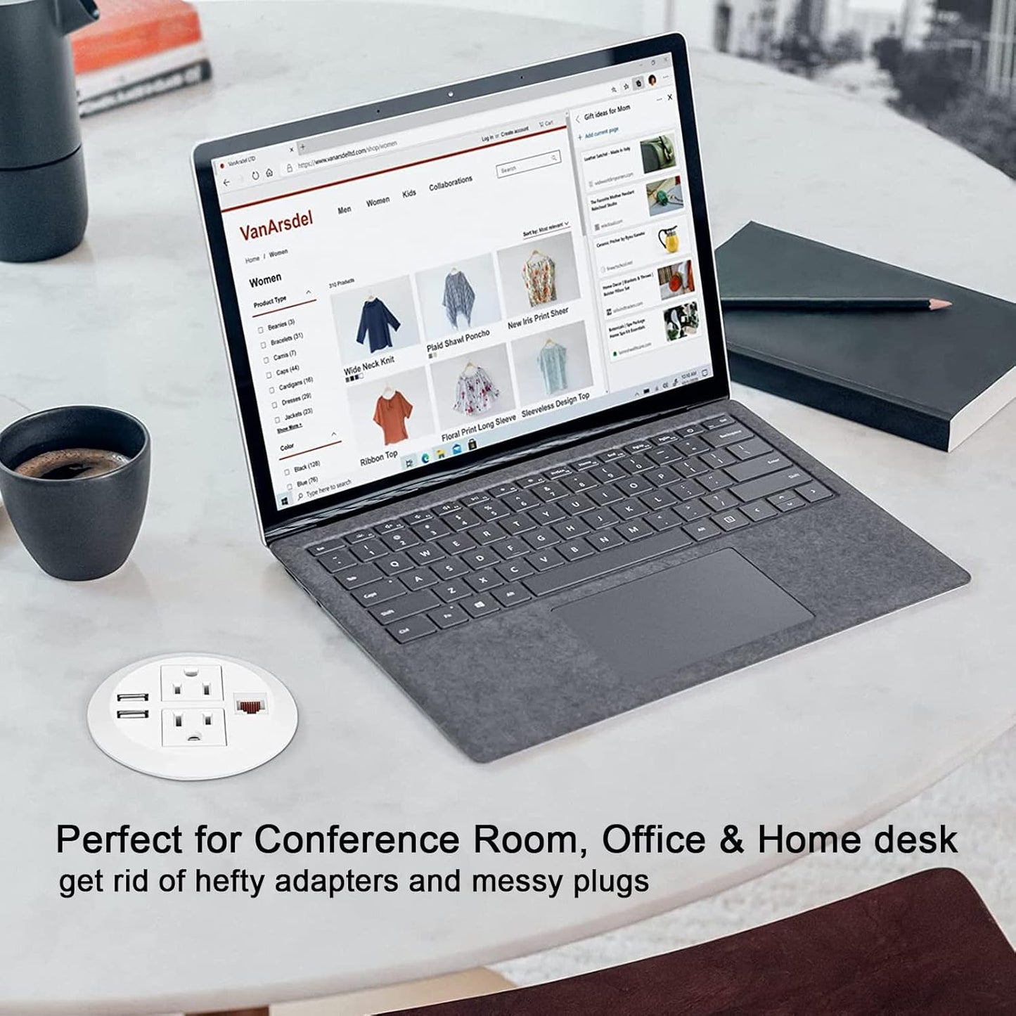 Power Grommet 3 Inch for Desktop, Recessed Desk Outlet with 2USB, 2 AC, 1 Network RJ45 Port & 10Ft Cord, Flush Mount Power Strip Table Power Hub for Countertop, Office, Furniture(White)