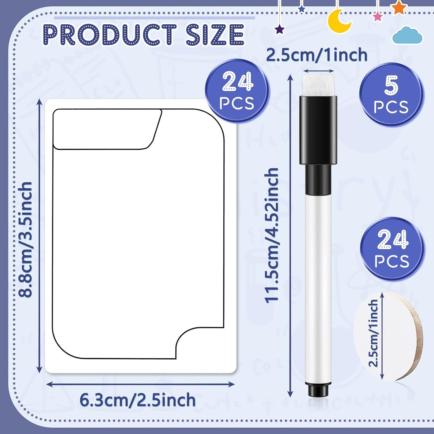 Teling 24 Pcs Reusable Multifunctional Tokens Dry Erase Cards White Blank Flash Erasable Index Cards, 24 White Erasable Plastic Counters Gaming Tokens Discs and 5 Marker Pens for Game