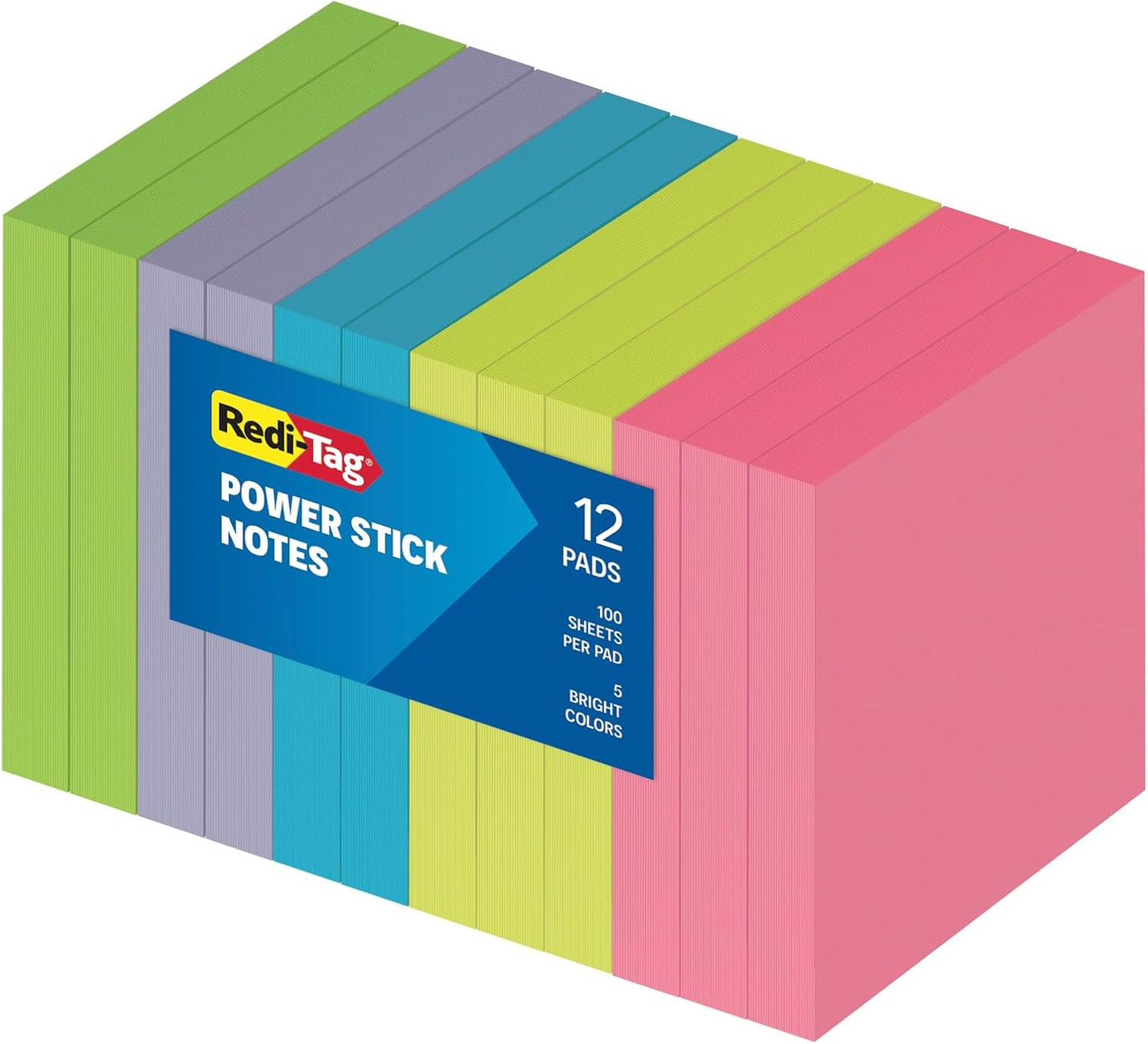 Redi-Tag Sticky Notes, Power Stick Notes, Adhesive Reminders, 3" x 3" Reusable Notes, Strong Adhesive Memos, Assorted Bright Colors, 12 Pack (1000976)