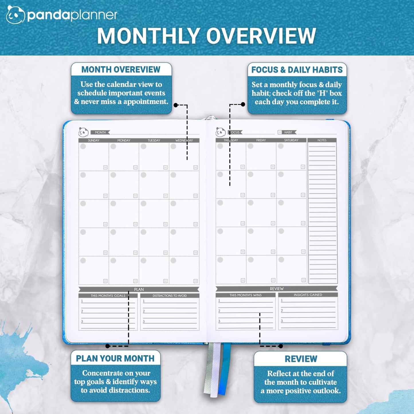 Panda Planner 2025-2026 – Classic Academic Daily, Weekly & Monthly Undated Planner, Agenda & Calendar Notebook – Productivity & Goals – Cyan Blue