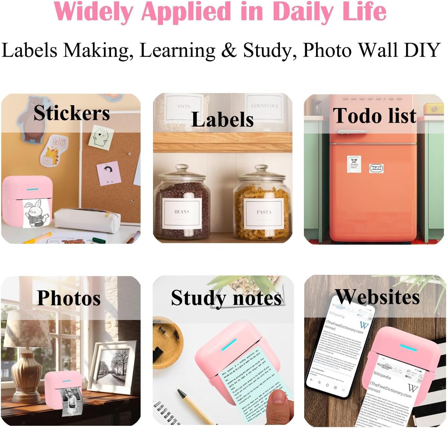 Mini Portable Printer, Inkless Sticker Printer with 12 Rolls Paper, Thermal for Notes/Photos/Stickers/Labels/Receipts, Compatible with iPhone, Android Phone & Tablet, Pink