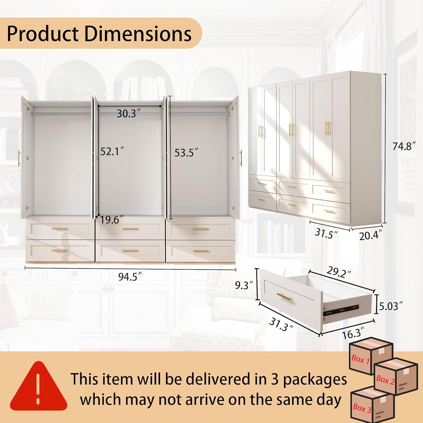 White Wardrobe with 2 Doors: 75" Tall Armoire Wardrobe Closet with 2 Drawers, Bedroom Closet Cabinet for Hanging Clothes, Wooden Storage Armoire with Shelves (Contemporary, 3)