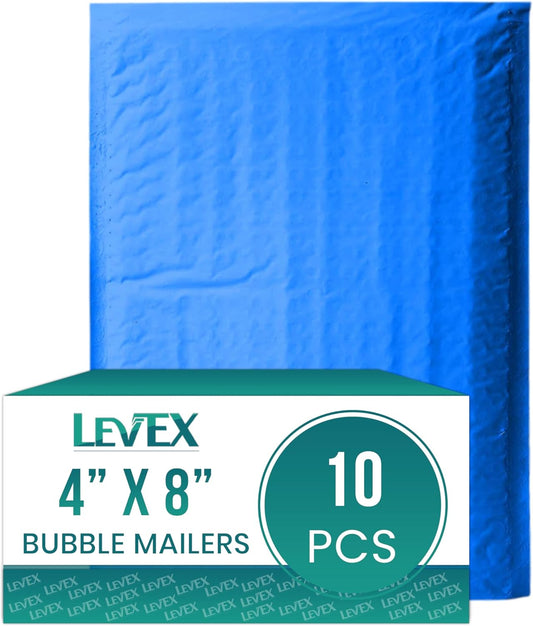 Levex - #000 4" x 8" [10 Pack] Blue Poly Bubble Mailers, Padded Envelope Mailers, Packing Envelope & Mailing Bags for Shipping