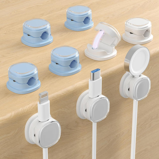 Magnetic Cable Clips, Adjustable Cord Holder Management, Adhesive Wire Keeper Organizer for Home Office Desk Phone PC Car Wall Desktop Nightstand Appliance (9-PCS White & Blue)
