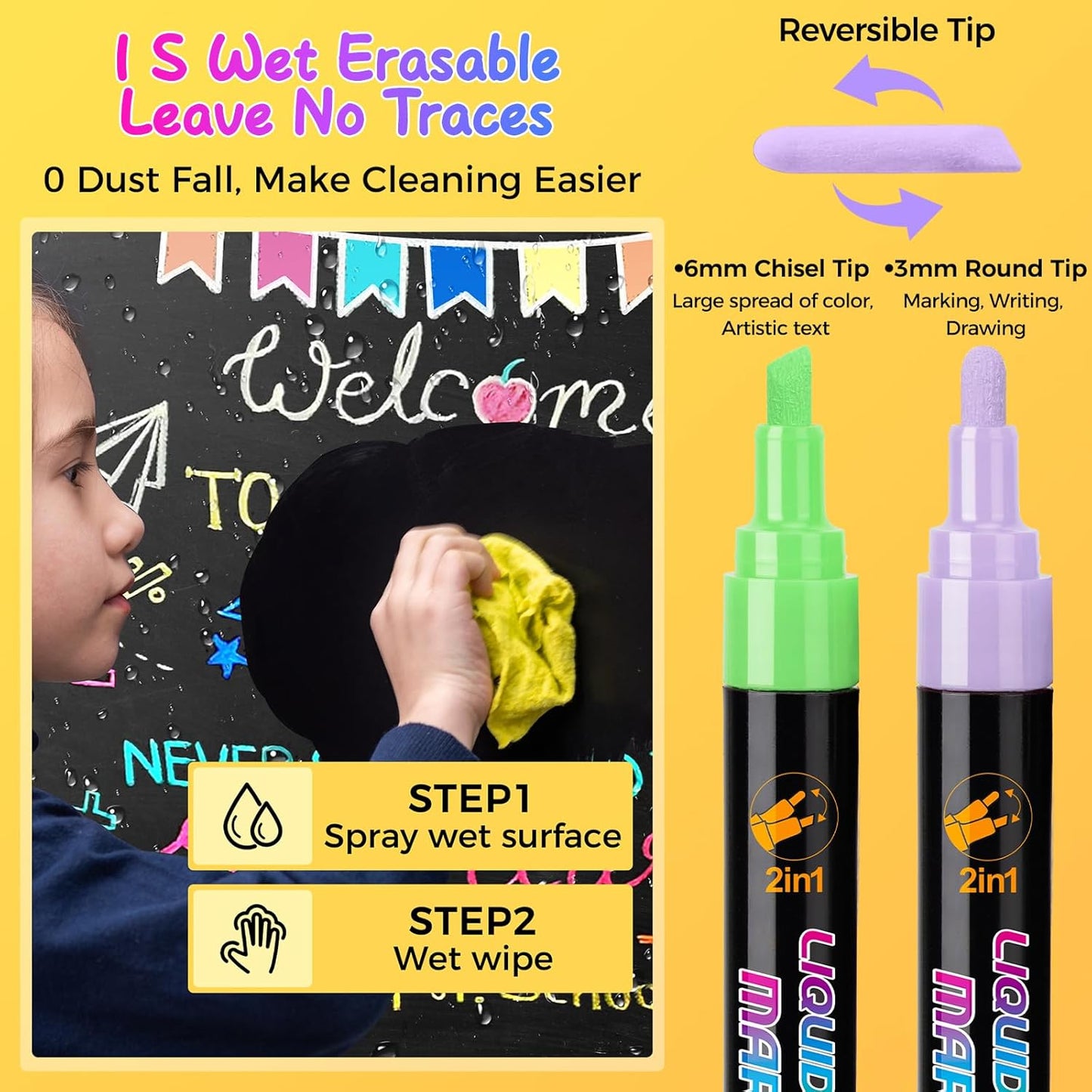 SFAIH 10 Pastel Liquid Chalk Markers [1s Wet Wipe] - No Residue, 6mm Chalkboard Markers for Blackboard, Calendar, Windows, Glass, Zero Dust, Non-Toxic, Chalk for Kids, School Teacher Must Haves