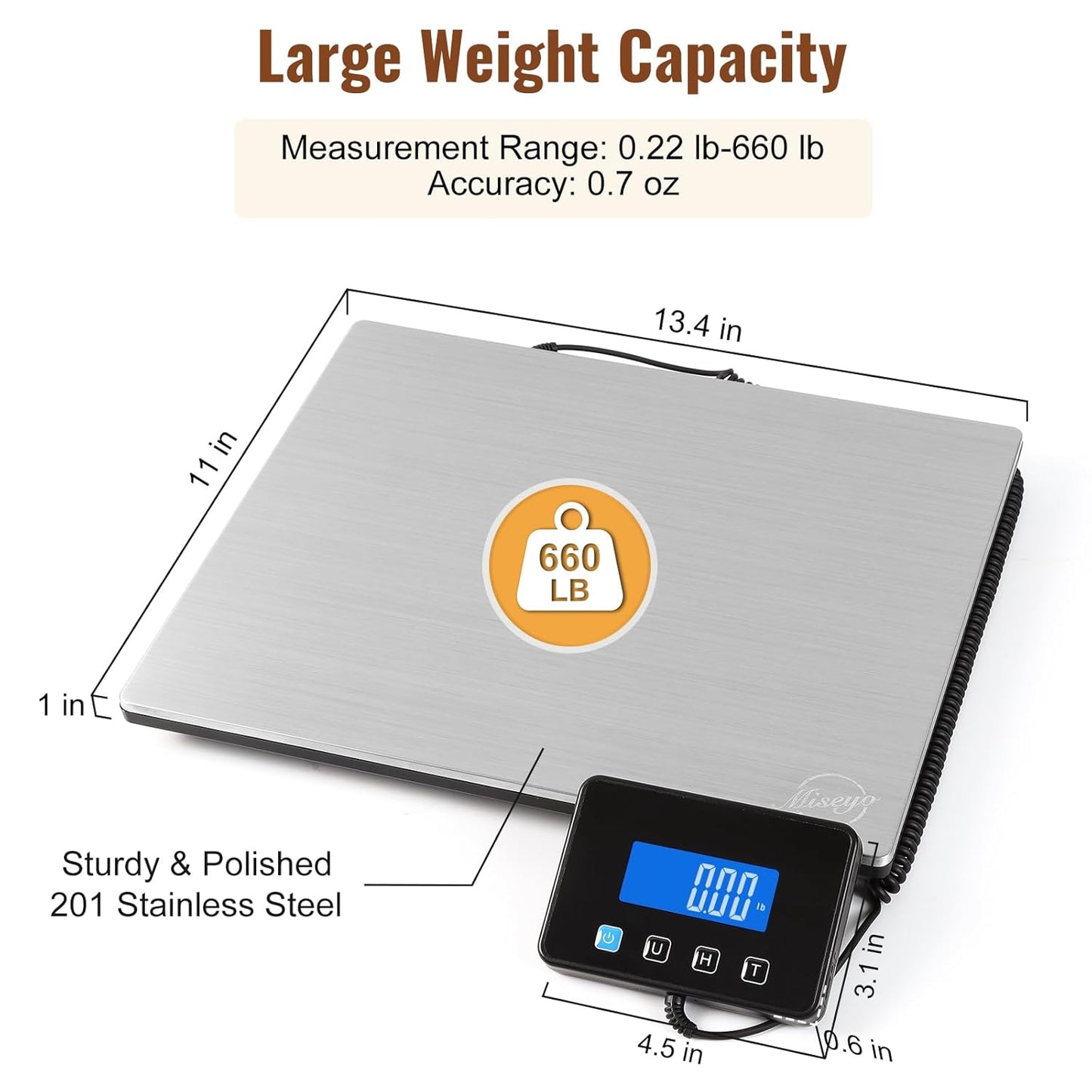 Miseyo 660lbs Heavy Duty Digital Shipping Scale - 0.7oz High Accurate Stainless Steel Postal Scale for Packages, Luggage, Small Business, Warehouse, Battery & Charging Cable Included