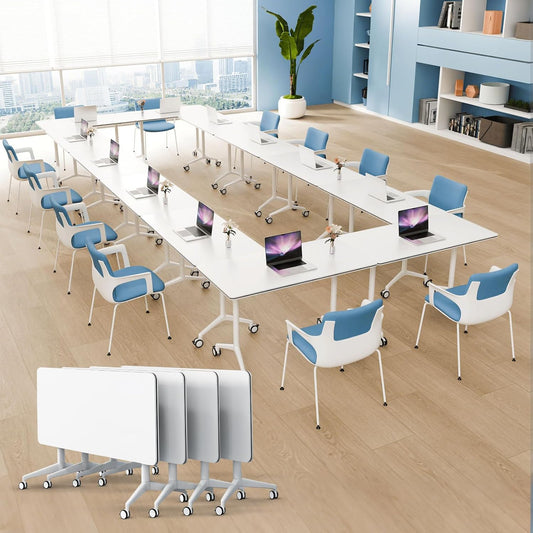 4Pack Folding Conference Room Table, Modern Conference Tables with Silent Wheels, Large Rectangular Mobile Training Tables for Office Classroom, Foldable Modular Seminar Table White (L63in)