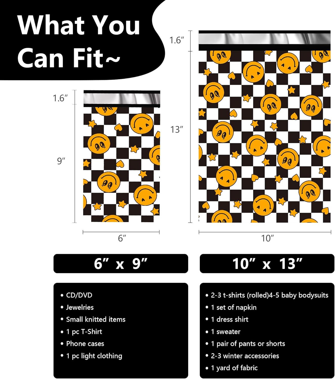 Poly Mailers 10x13 Inch 25 Pcs - Smiles Checkerboard Printed Shipping Bags, 2.4mil Thickness, Waterproof and Tear Resistant Mailing Envelopes, Self-Sealing Packaging Bags for Small Business