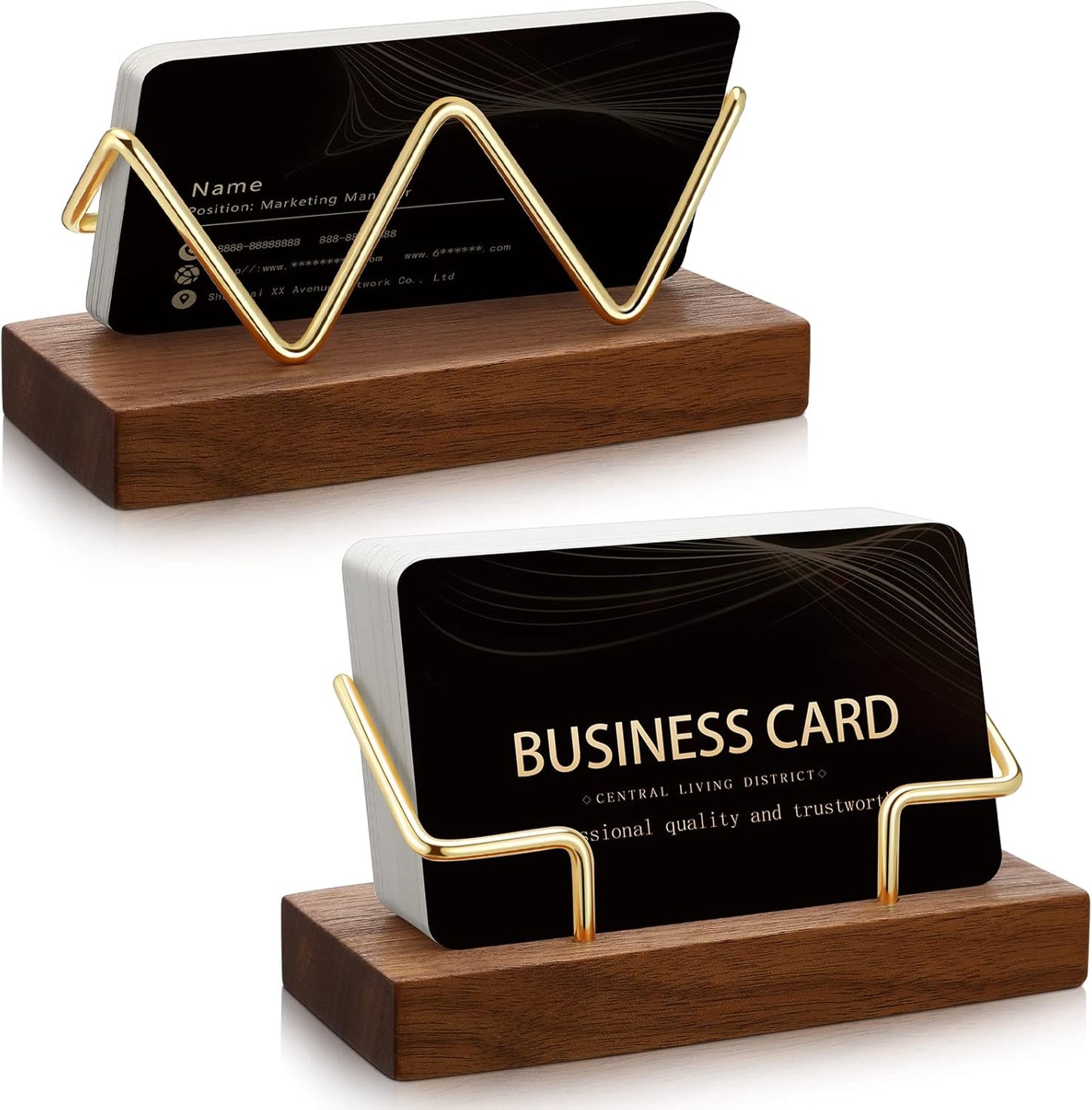 Amyhill 2 Pieces Wood Business Card Holder for Desk Wooden Business Card Display Stand Postcard Holder for Office Home Desktop (Wood Color, Gold)