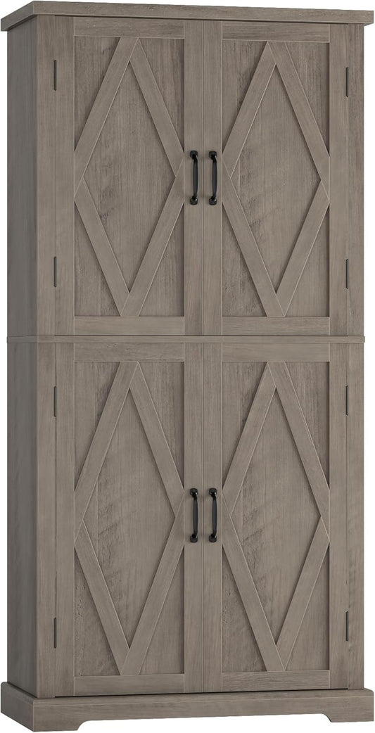 HOSTACK 64" Tall Pantry Cabinet, Modern Farmhouse Kitchen Pantry, Wood Bathroom Storage Cabinet, Large Bookcase, 4 Doors|Adjustable Shelves, for Dining Room, Living Room, Home Office, Ash Grey