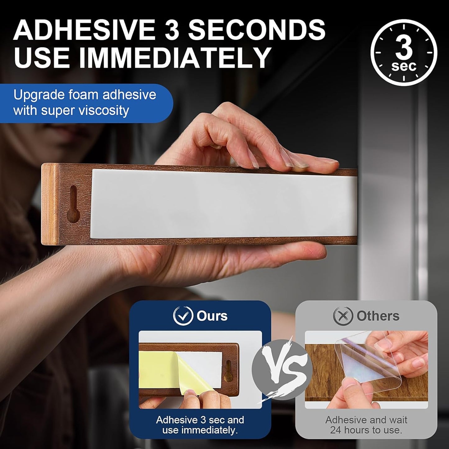 ENOKING Magnetic Knife Holder for Wall, Knife Magnetic Strip No Drilling 16 Inch, Powerful Kitchen Knife Magnetic Holder, Acacia Wood Knife Magnet for Kitchen Utensil Organizer with 4 Hooks