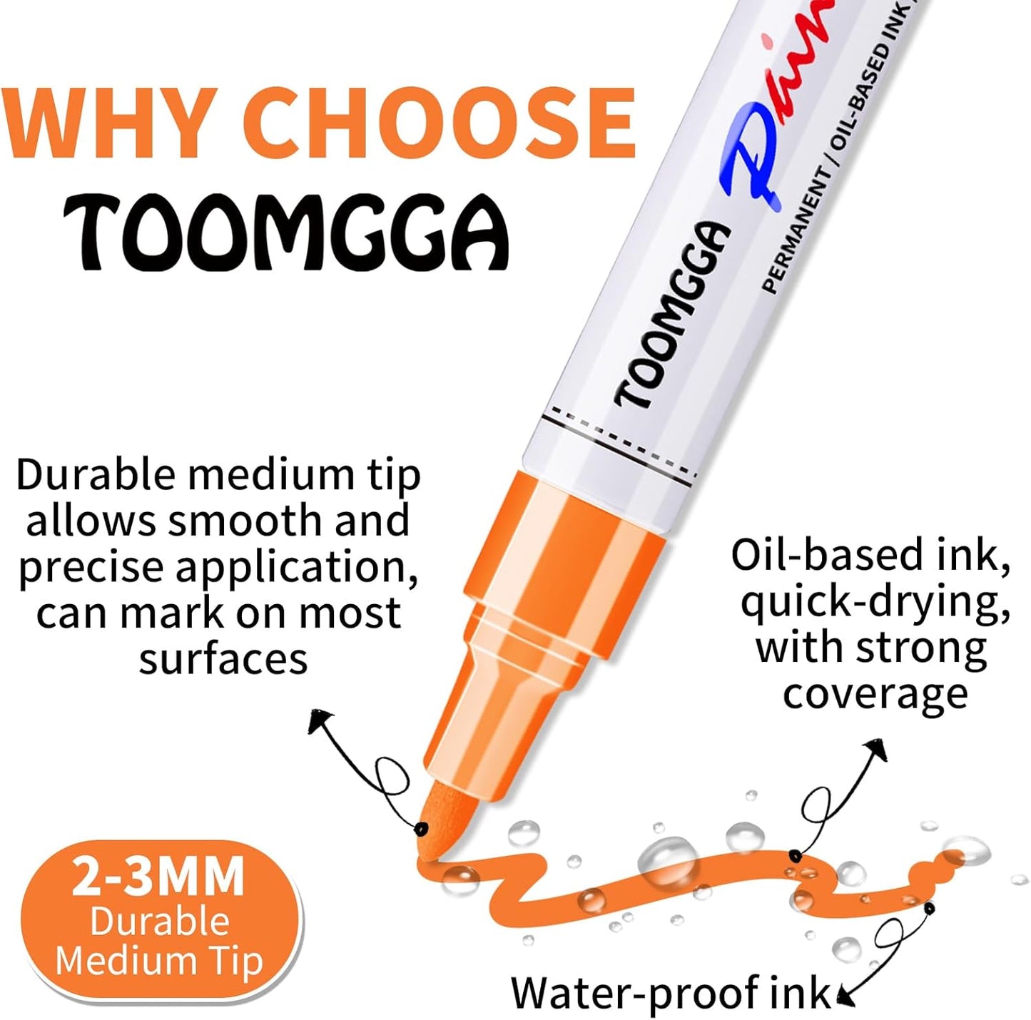 Orange Permanent Paint Pens - 8 Pack Oil Based Paint Markers,Pens For Rock Painting Car Tyre Metal, Plastic, Canvas, Mugs, Wood, Glass, Quick Drying and Waterproof, Medium Point