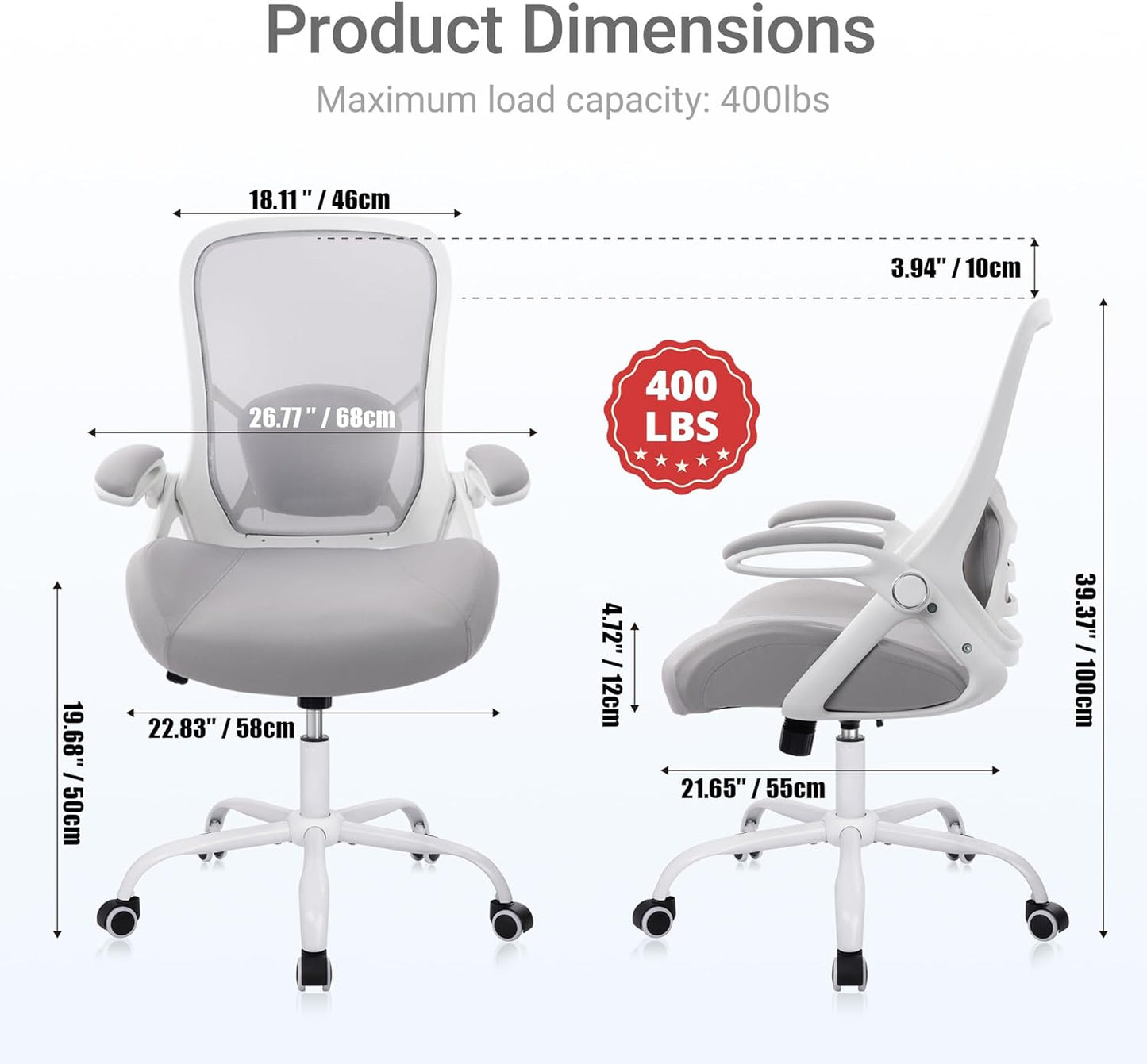 HYLONE 400lbs Heavy Duty Office Chair, 5" Thickened Seat Ergonomic Desk Chair with Adjustable Armrests, Home Office Computer Chairs for Long Hours Mesh Executive Chair(Grey)