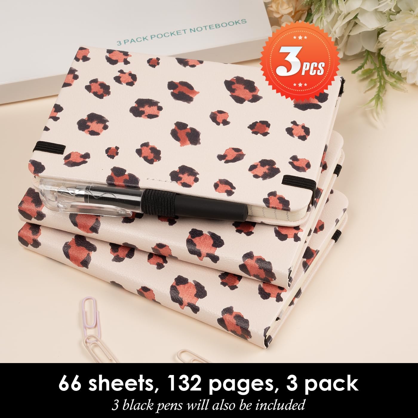 Small Journal Notebook, 3 Pack Mini Pocket Notepad with Pen, A6 (3.7" x 5.7") Leopard Cover Lined Notebook Journals for Women, 100GSM Paper, Prefect for Office Home School Supplies