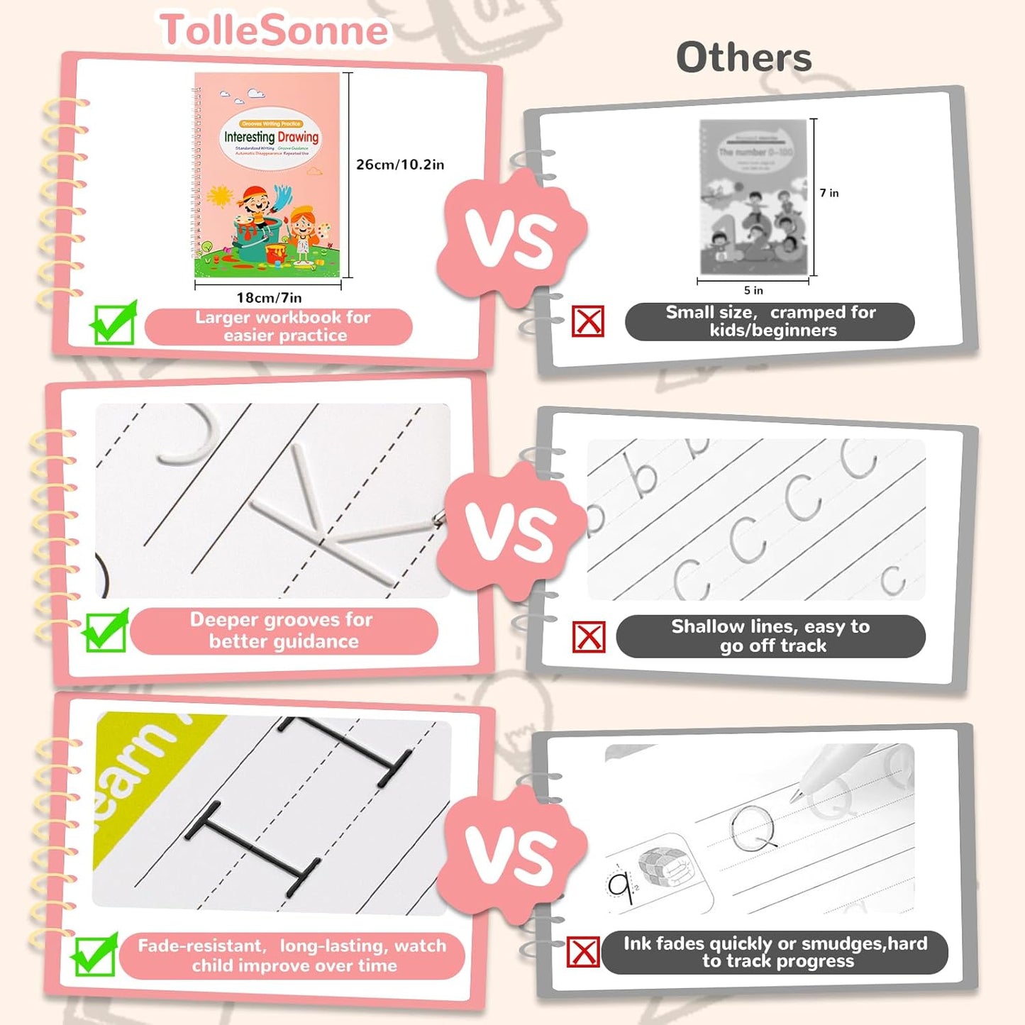 Large Size Grooved Writing Books for Kids Age 3-5 6-8, 8 Pack Magic Grooved Writing Practice Copybooks, Handwriting Prastice with Cute Fade-Resistant Pens, Workbooks Number Letter Tracing for Kids