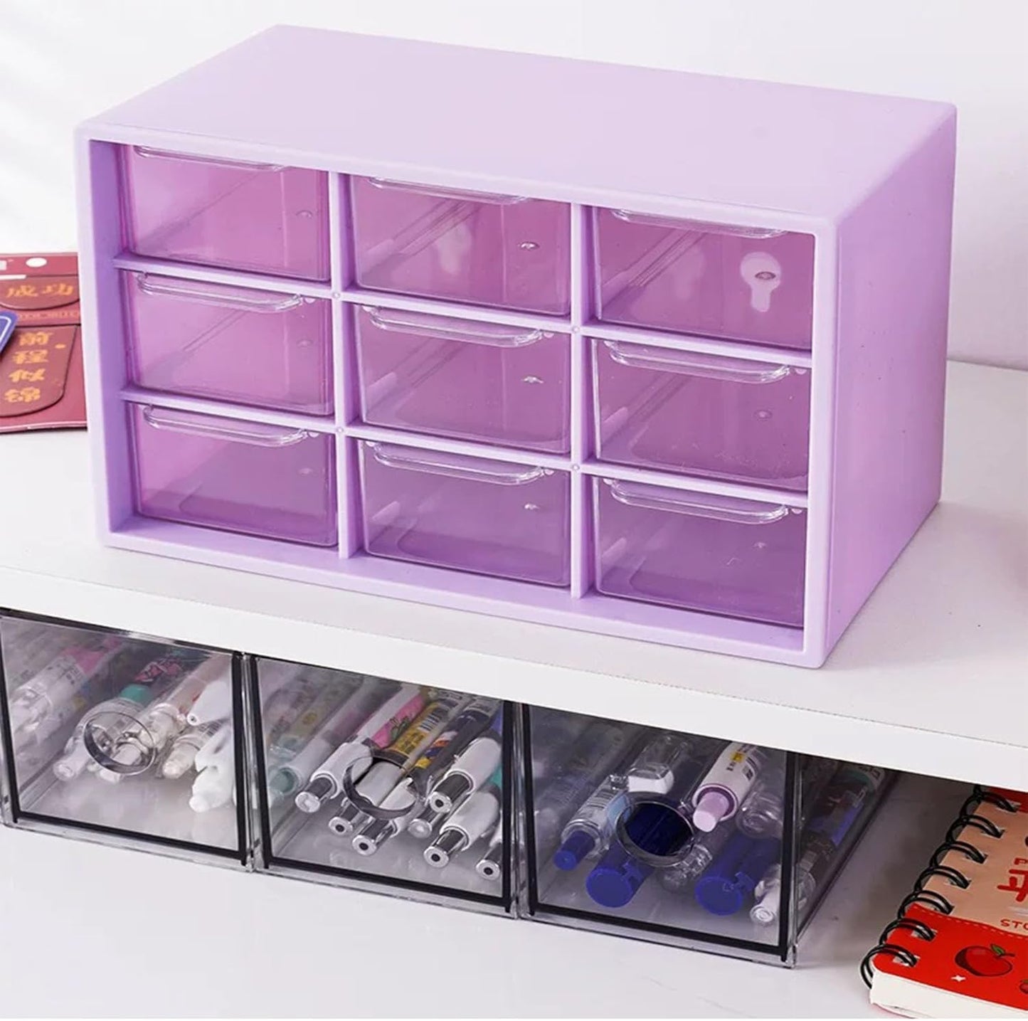 Feadily 2PCS Small Drawer Organizer for Desk, Desktop Drawer Organizer with 9 Clear Drawers, Plastic Desktop Storage Drawers 7.1 Inch x 3 .9 Inch x 4.7 Inch, Purple
