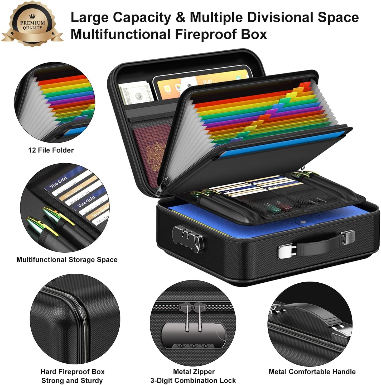 Fireproof Document Box, Hard Case Fireproof Box with Lock Hard-Shell Design Fireproof Water Resistant Safe Box File Organizer for Important Documents Certificates Laptop Passports Black