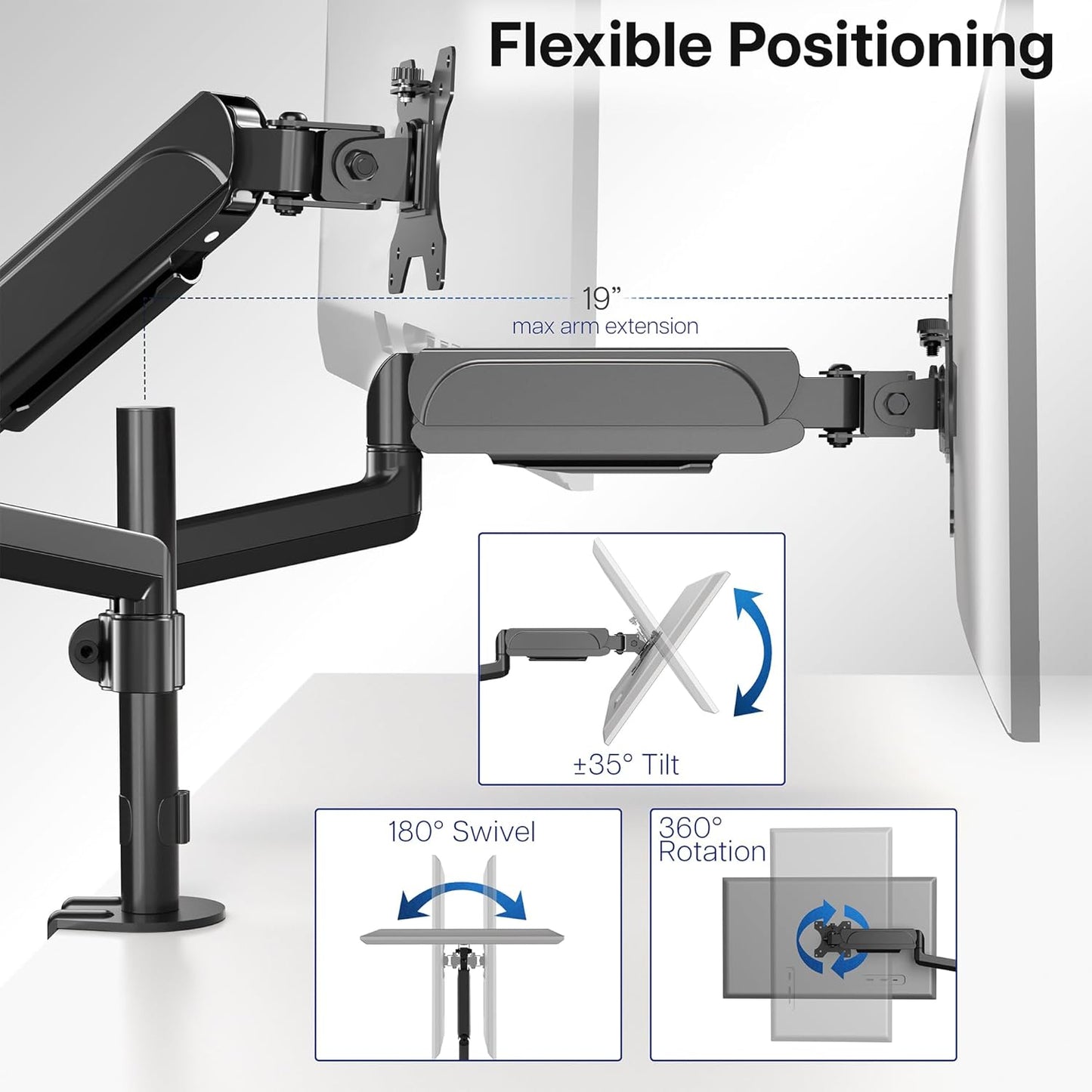 VIVO 17 to 32 inch Dual Pneumatic Monitor Mount, 2 Pneumatic Arms, Adjustable Swivel, Rotation, Heavy Duty VESA Desk Stand with C-clamp, Grommet, Max VESA 100x100, Black, STAND-V002K
