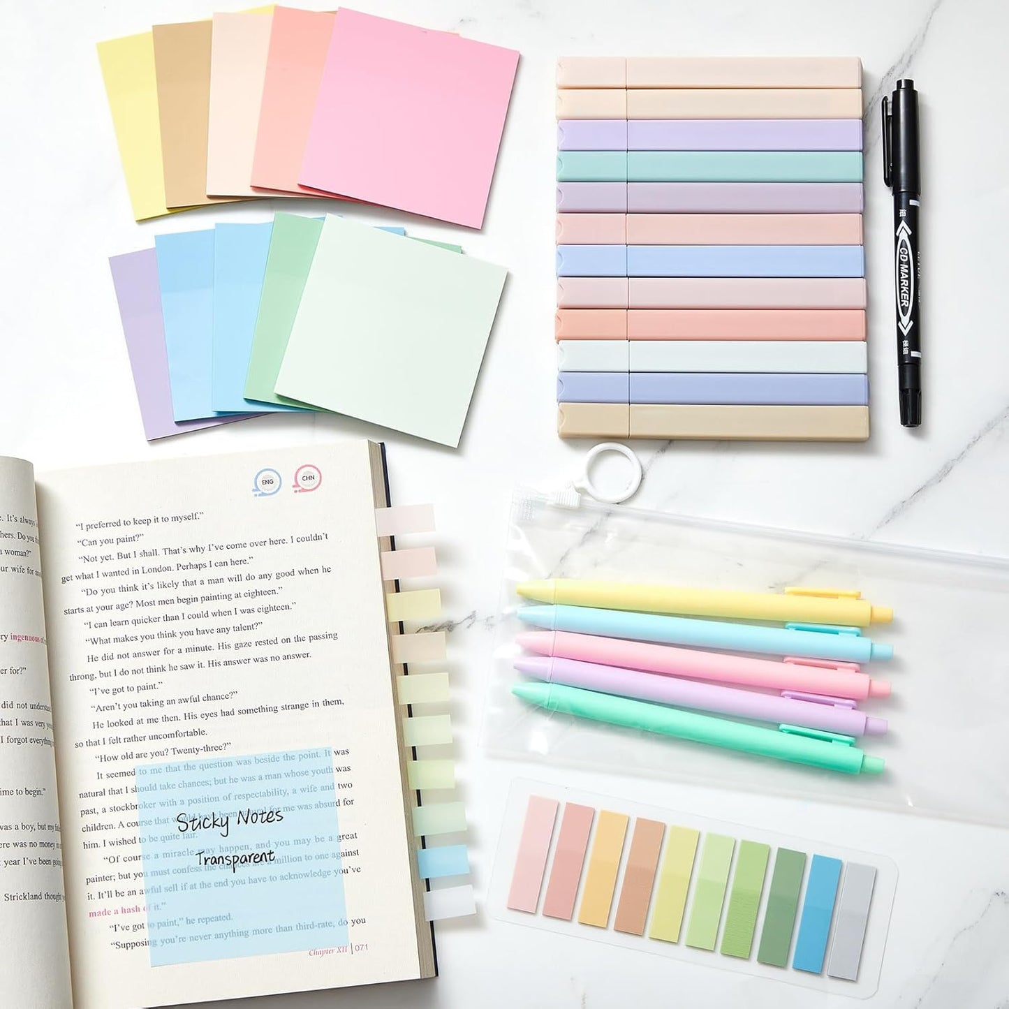 Jutom 38 Pcs Book Annotation Kit Aesthetic Highlighters Gel Pens Set Sticky Notes Tabs Markers Dual Ended Highlighter Quick Dry Ink Pens for Office Annotating Books(Pastel Color,Square)