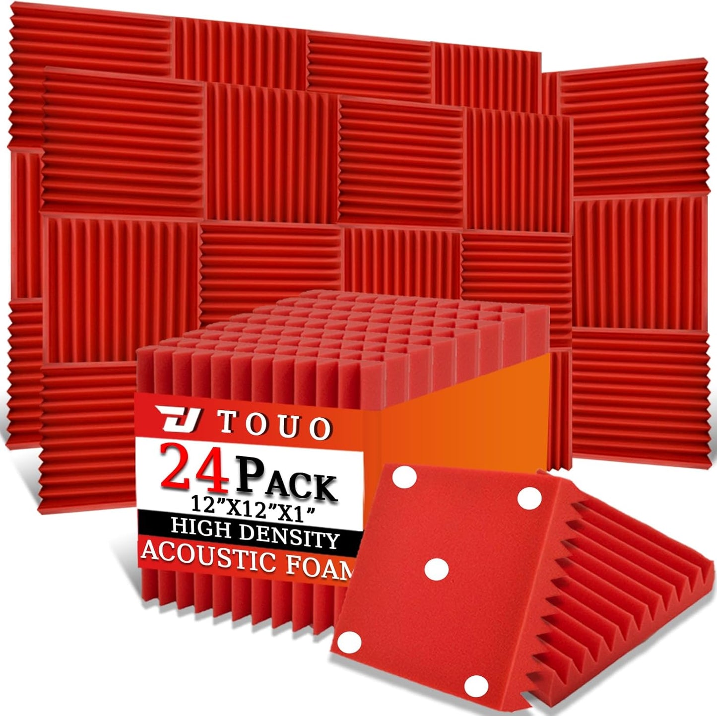 24 Pack Acoustic Panels – Sound Proof Foam Panels for Wall 12"x12"x1", Flame Retardant Wedge Acoustic Foam, High-Density Sound Absorbing Panels for Home Studio(Red, 1" Thick 24 Pack)