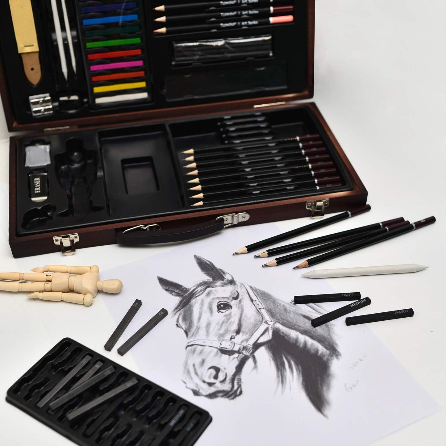 Sketching Drawing Art Set,58pcs Professional Wooden Artist Kit with Sketchbook,Complete Sketching,Charcoal Pencils and Tools,Ideal for Teens,Kids,Adults,Artists,Beginners(Wooden Case-58pcs)