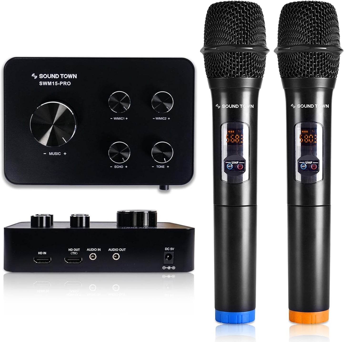 Sound Town Wireless Microphone Karaoke Mixer System with HD Audio Return Channel, Optical, AUX, Bluetooth - Supports Smart TV, Media Box, Sound Bar (SWM15-PRO)