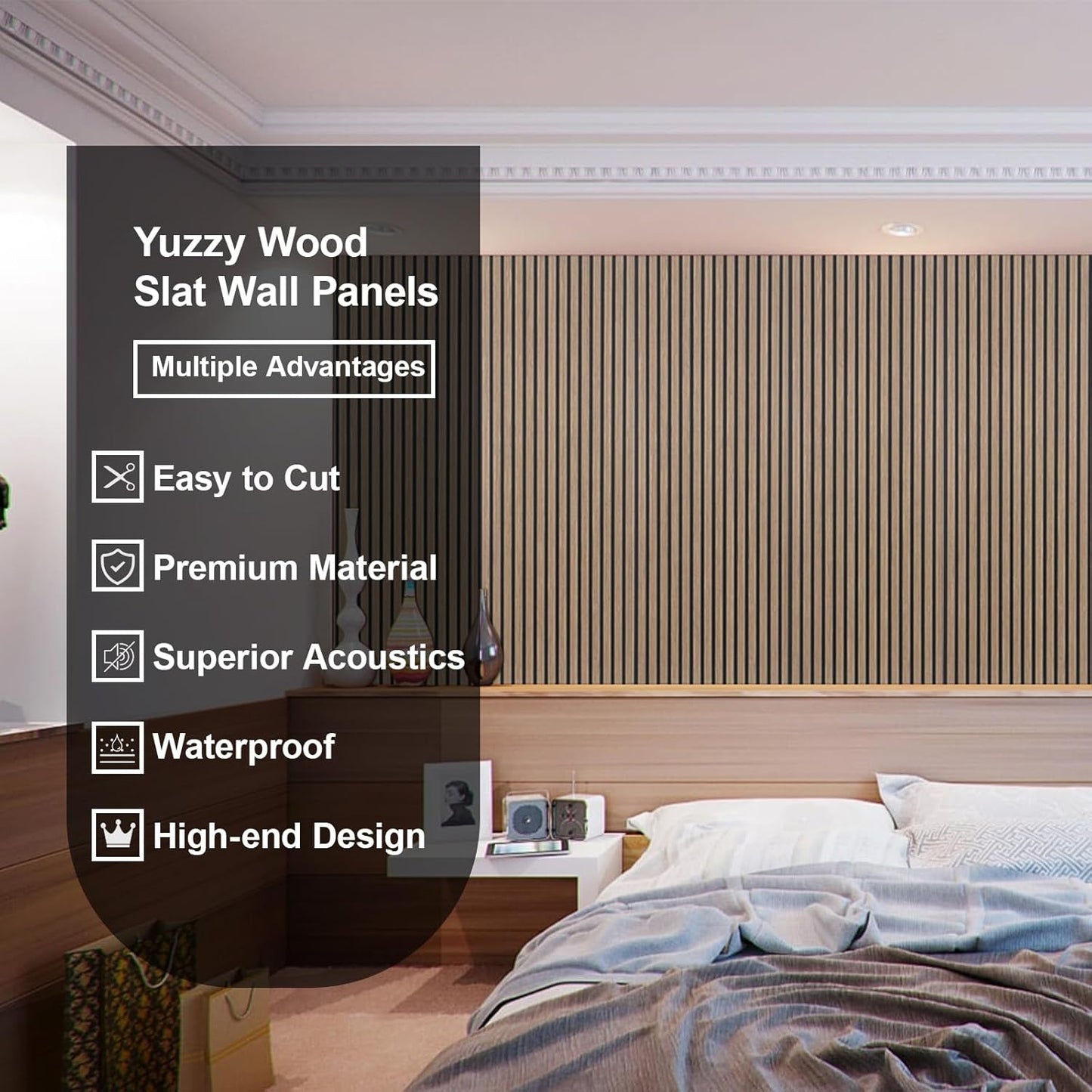 Yuzzy Acoustic Wood Slat Wall Panels - 48" x 22" Dark Walnut Fluted Sound Absorbing Panel for Wall and Ceiling - 4 Pcs Wall Panels for Interior Wall Decor for Homes, Offices, Studios