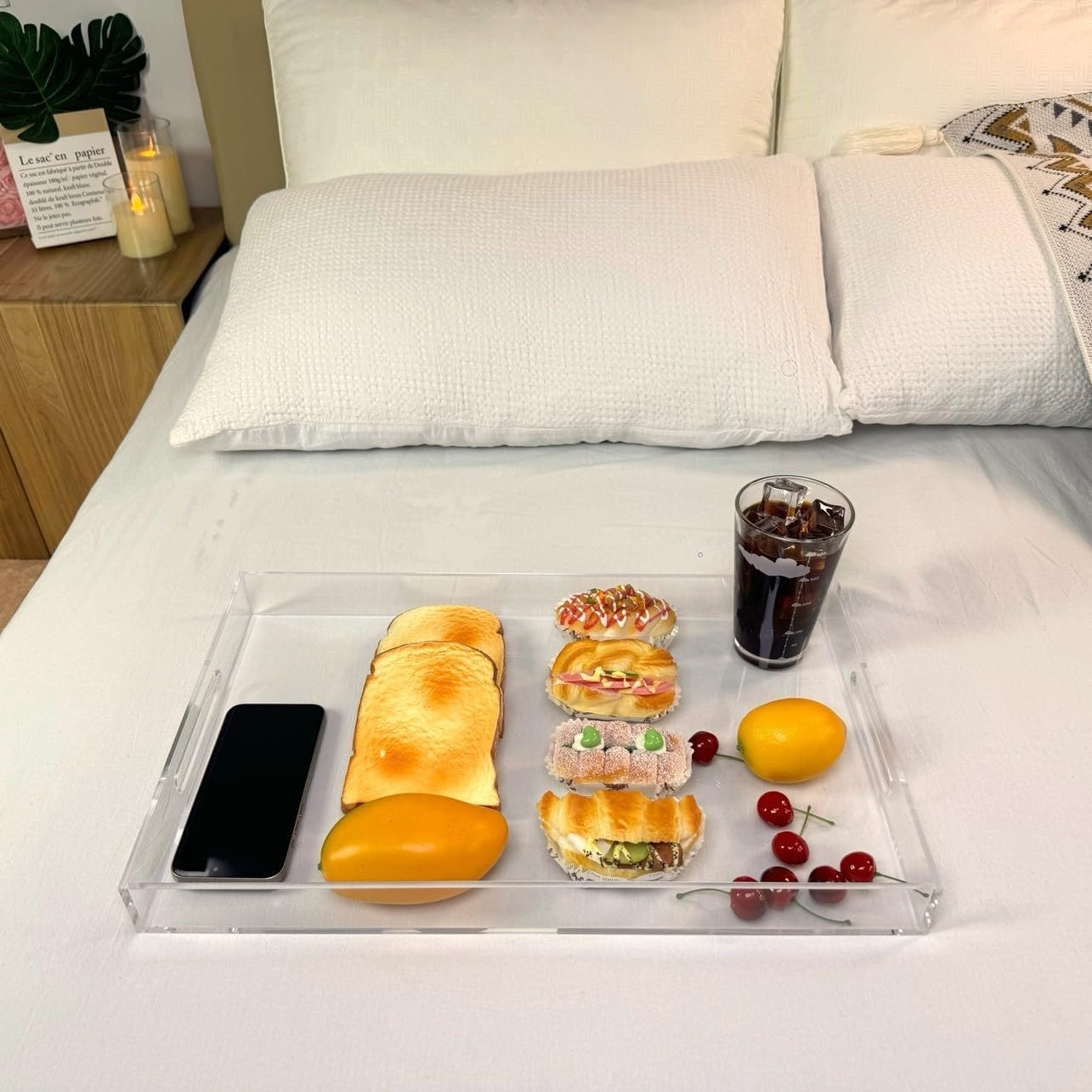 Clear Sturdy Acrylic Serving Tray with Handles-12x20Inch-Serving Coffee,Appetizer,Breakfast,Butler-Kitchen Countertop Makeup Drawer Organizer-Vanity Table Ottoman Tray-Decorative Tray