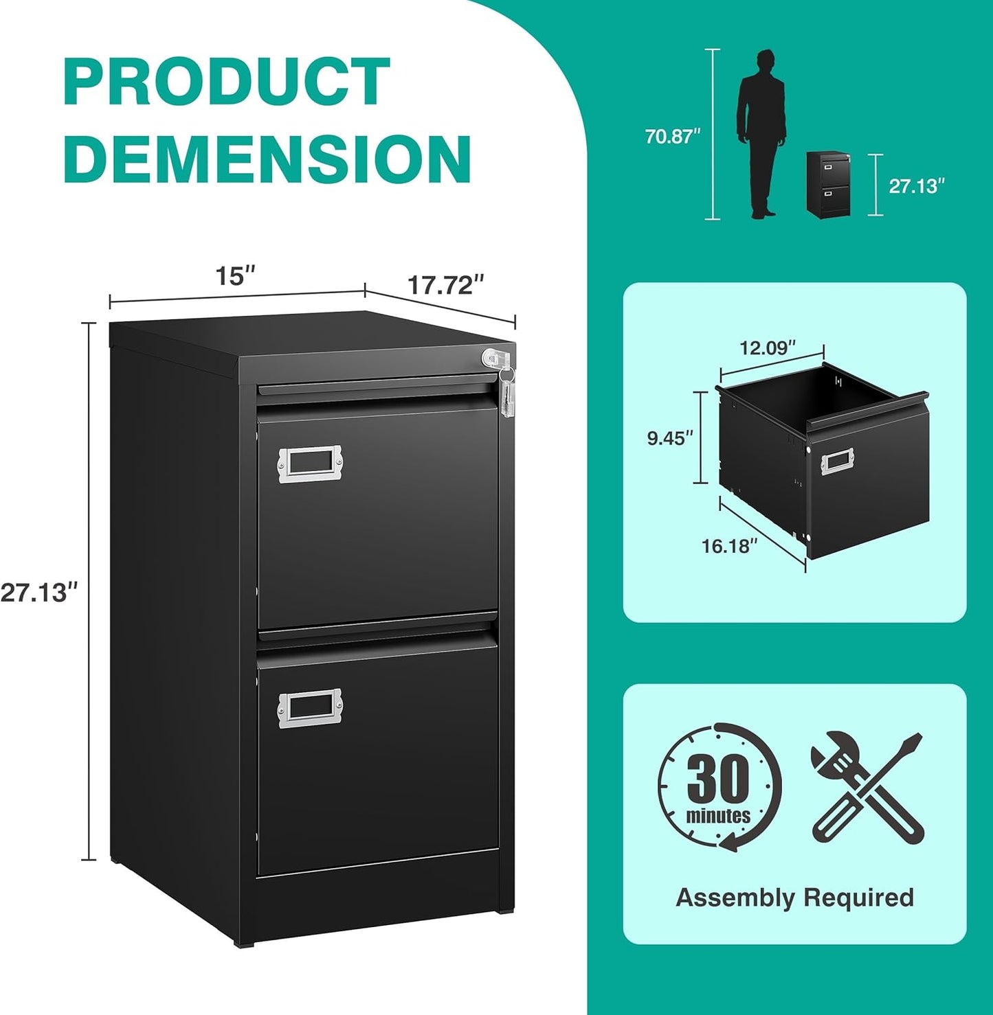 SISESOL 2 Drawer File Cabinet with Lock,Narrow Vertical Filing Cabinet,Under Desk File Cabinets,Black Metal File Cabinets for Home Office,Fit Letter Size,Files Folder,Easy Assemble
