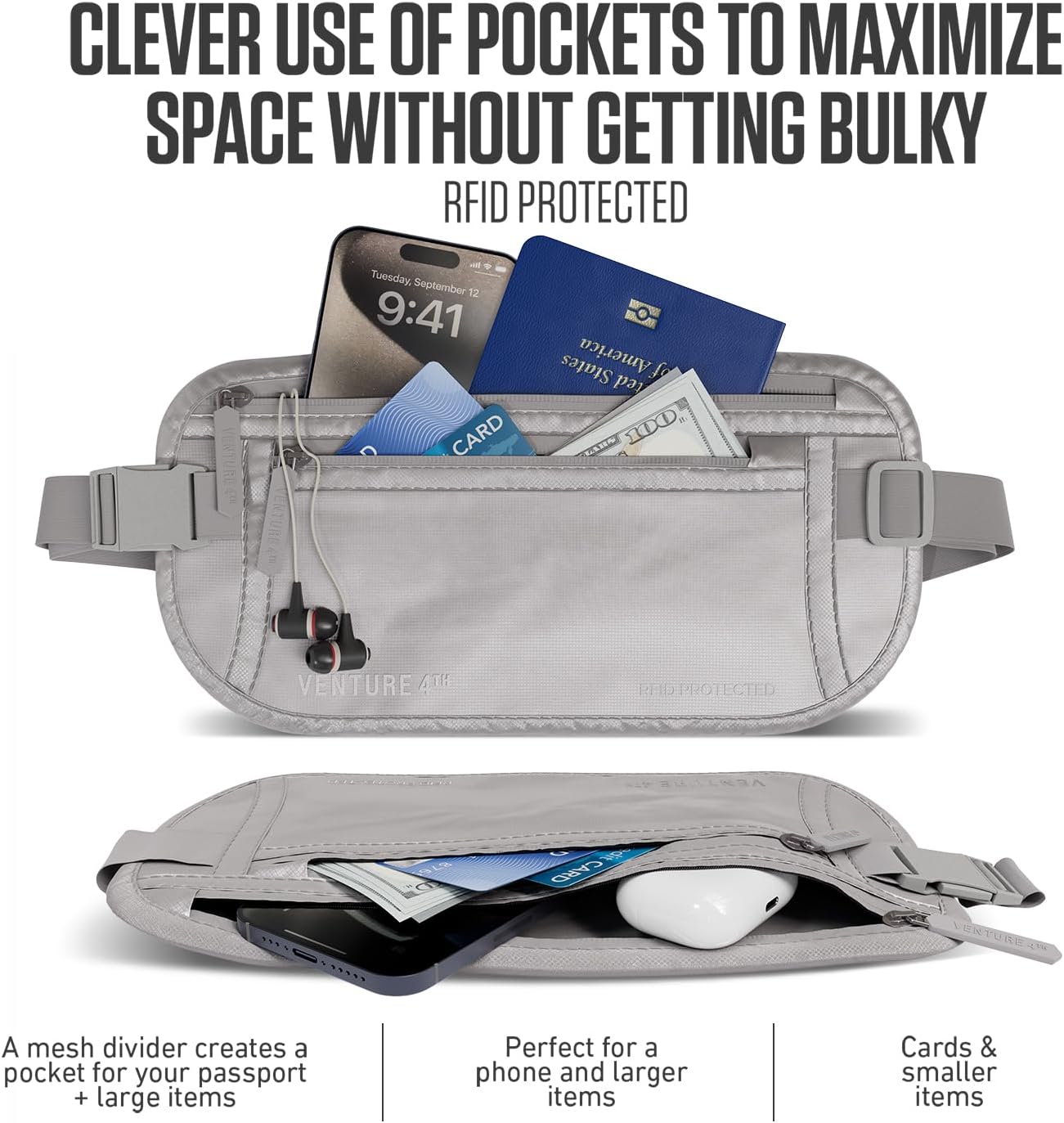 Travel Money Belt, RFID Blocking for Men & Women - Ideal for Keeping Your Cash, Credit Card, Passport, Phone Safe When Traveling (Sleek Silver)