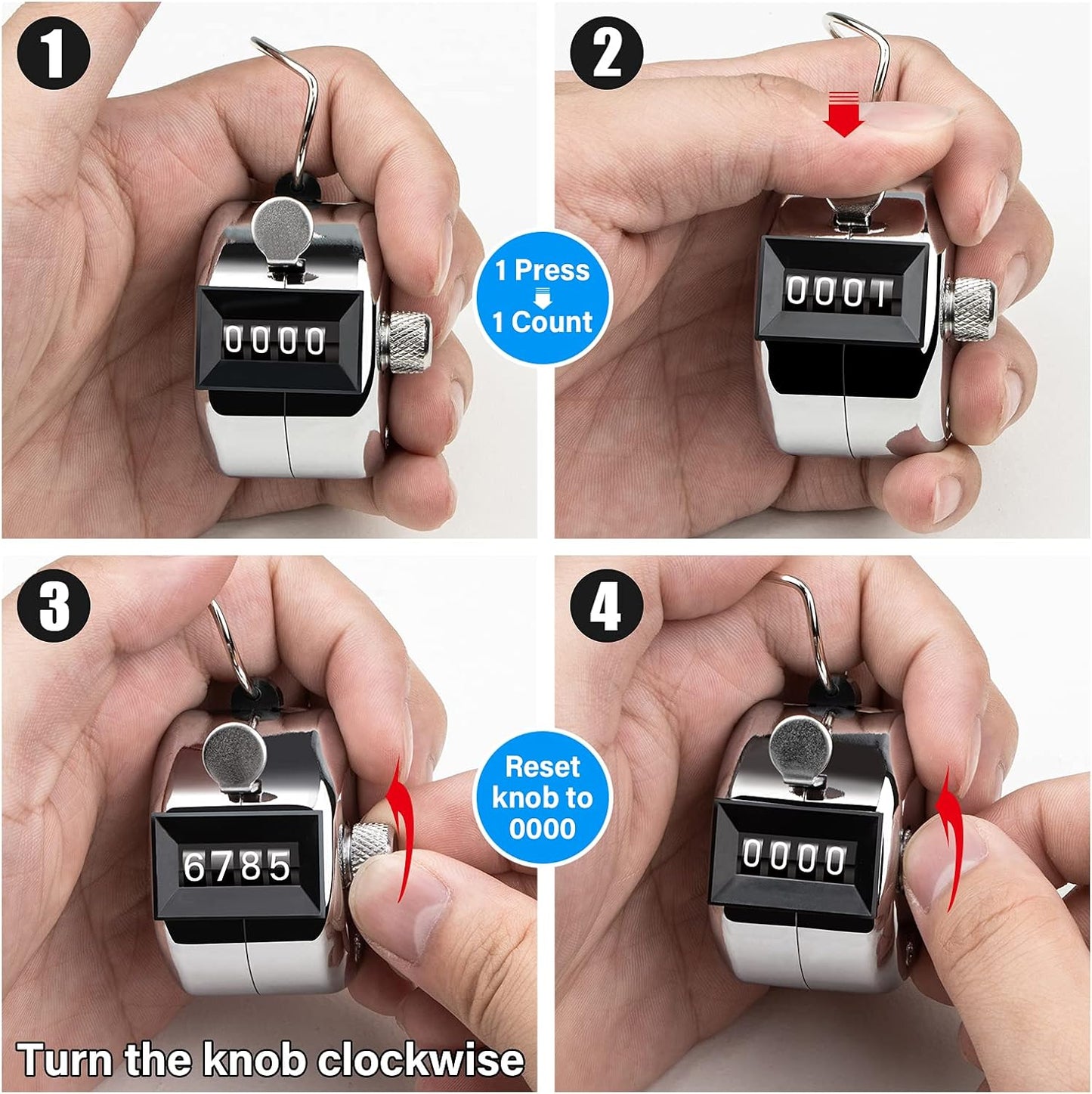 Tally Counter, 4-Digit Clicker Counter, Metal Hand Tally Counters Clicker Pitch Counter for Counting, Knitting, Coaching, Golf, Lap, Fishing