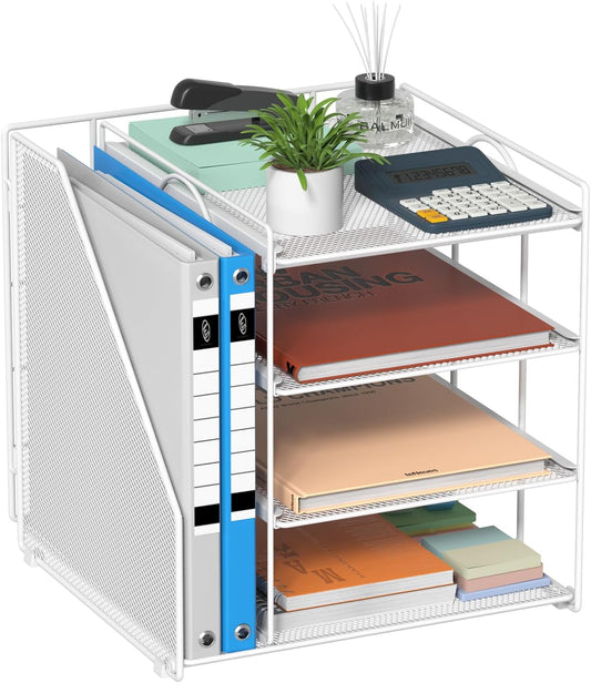 Desk File Organizer and Accessories, 4-Tier Paper Organizer with Vertical File Holder, Office Desk Accessories & Workspace Organizers and Storage for Office Supplies (White)