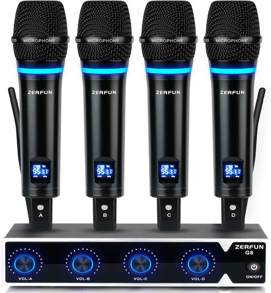 4 Channel Rechargeable Wireless Microphone System, Pro UHF Metal Handheld Wireless Microphones Cordless Mics for Karaoke Singing Church with VOL Control, 4x50 Adjustable Frequency(G8)