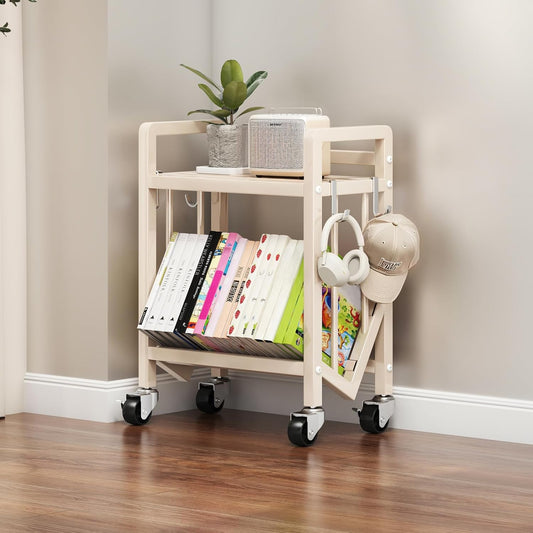 Bookshelf Movable Book Cart Multi-Layer Storage Rack Large-Capacity Rolling Cart L-Shaped Carbon Steel Shelf Suitable for Storing Books, Magazines, Newspapers, Shoes